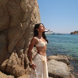 Monday Swim Set - Bikini Top (SMALL) and Cheeky Bottom (MEDIUM) in Ivory Geo